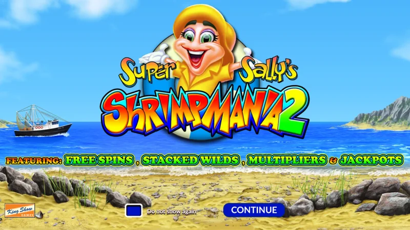 Super Sally's Shrimpmania 2 – hlavní obrazovka s válci 5×4 a mřížkou 40 výherních linií